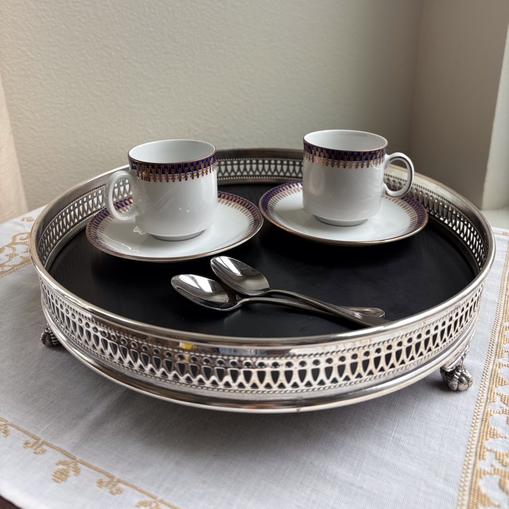 MCM Footed Bar / Vanity Tray - Silver Plate w/ Black Inset - XLNT Vintage Cond.